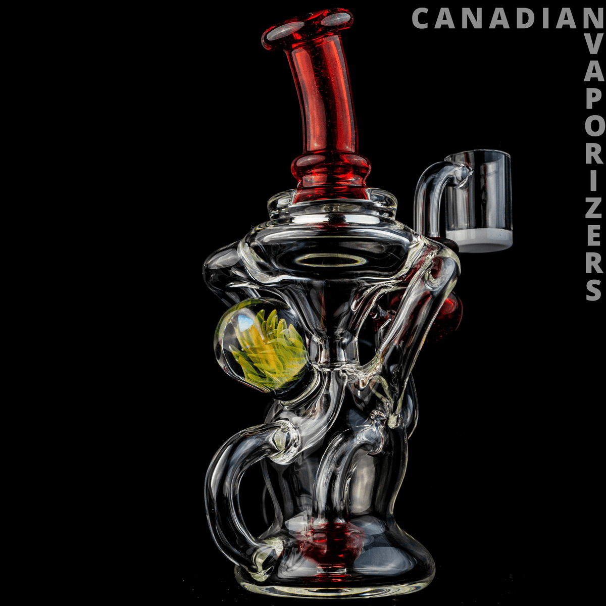 Buck Lee Glass Ball Klien - Clear sculptural glass water pipe with a red mouthpiece, red accents, and a yellow-green marble chamber.