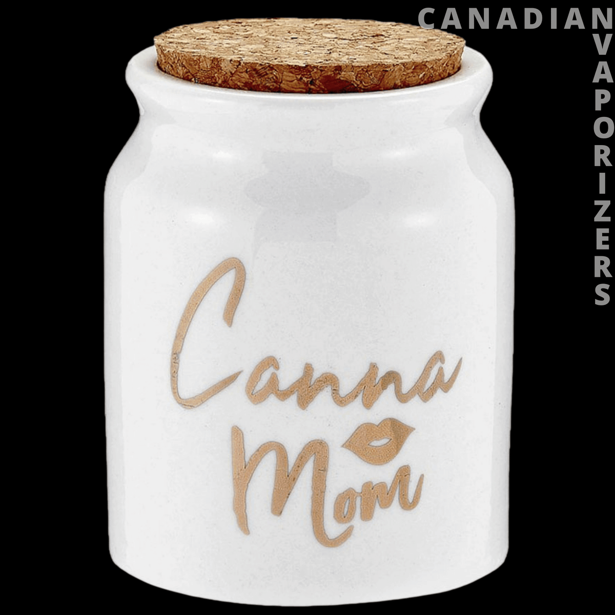 Canna Mom Ceramic Stash Jar - White ceramic stash jar with a cork lid and gold “Canna Mom” lettering.