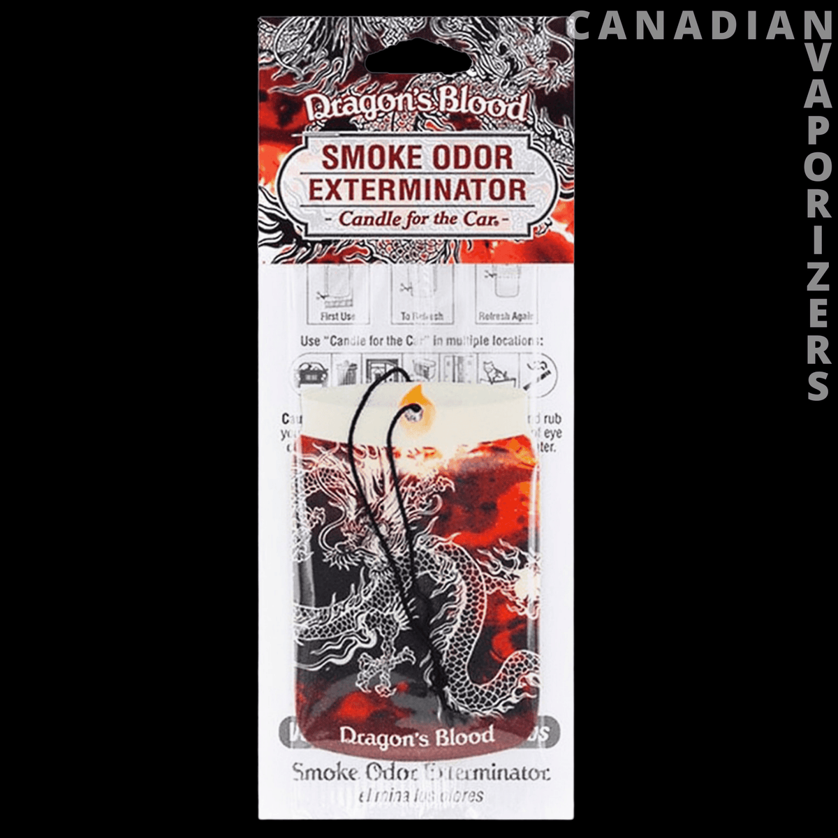 Car Hangers - Dragon’s Blood smoke odor exterminator car hanger with red-and-black dragon artwork and a hanging loop.