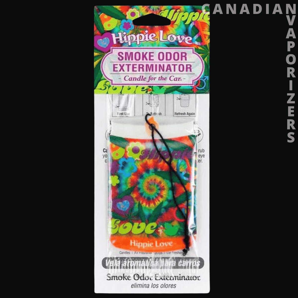 Car Hangers - Colorful Hippy Love car hanger with a smoke odor eliminator label and dangling black cord.