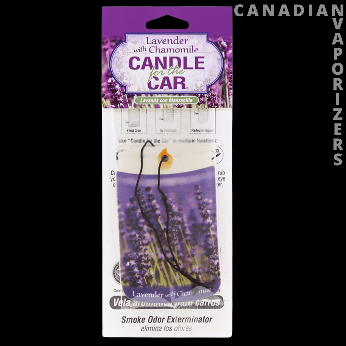 Car Hangers - Lavender and chamomile car fragrance hanger with dried botanicals in clear packaging and a black hanging cord.