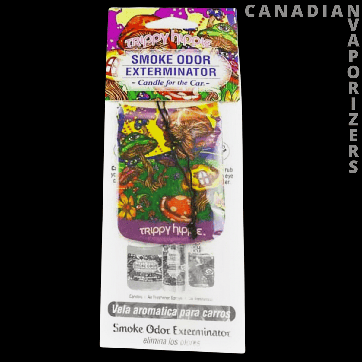 Car Hangers - Hanging car air freshener with colorful mushroom artwork and smoke odor eliminator packaging.