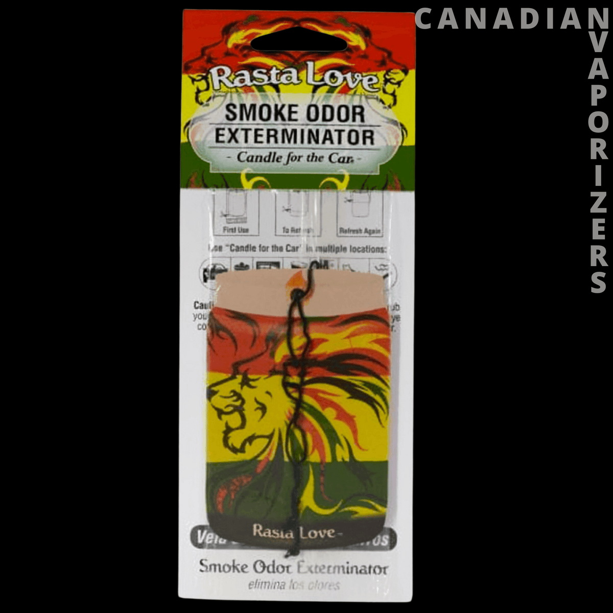 Car Hangers - Rasta Love smoke odor eliminator car hanger in a clear retail package, featuring a colorful lion graphic and.