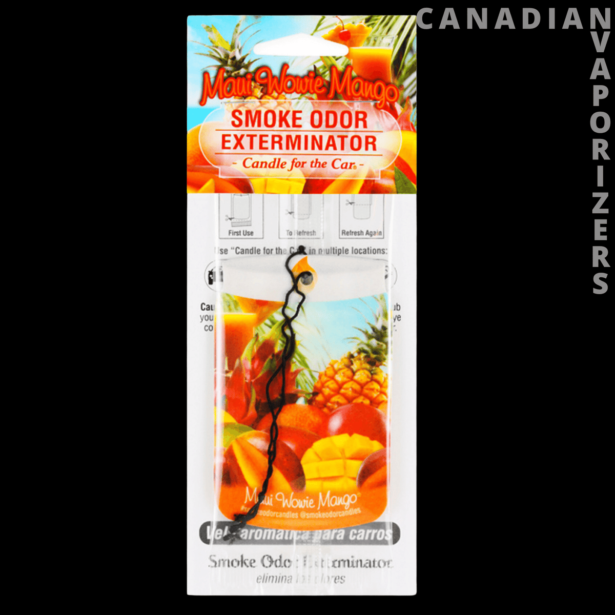Car Hangers - Packaged Smoke Odor Eliminator car hanger with orange citrus graphics and a black hanging cord.