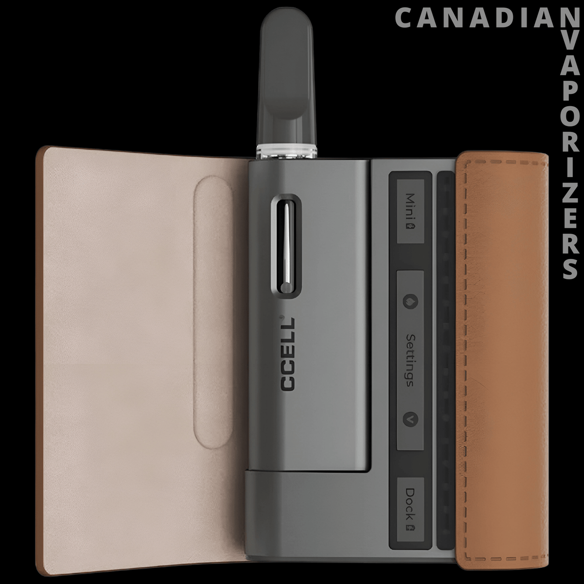 CCell Fino 510 Battery - CCell Fino 510 battery in a slim black-and-gray body, displayed with its tan leather-style case open.