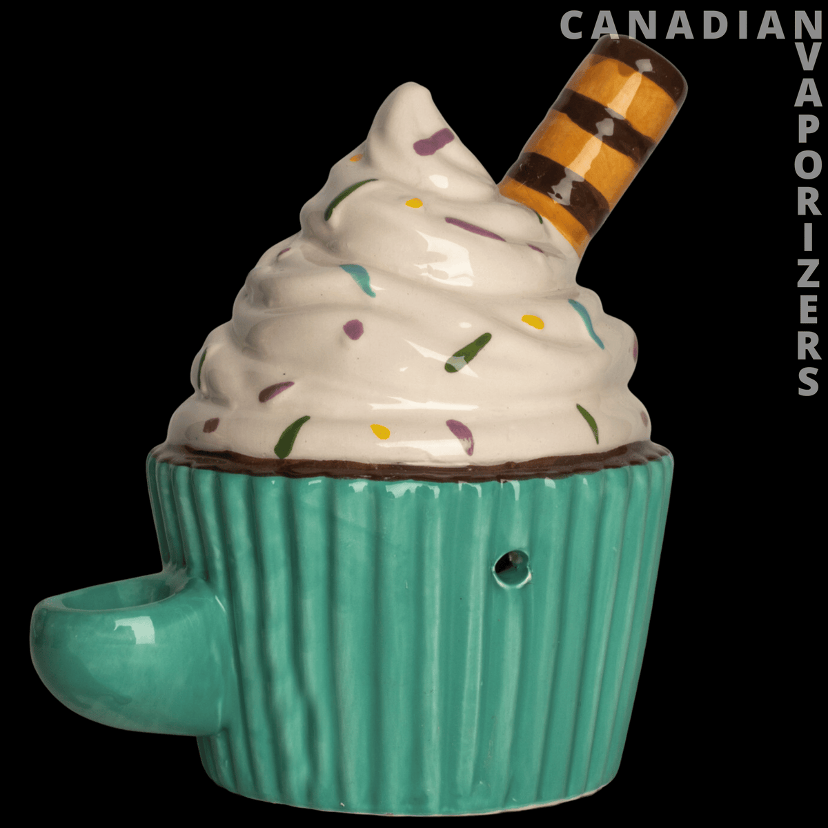 Ceramic Cupcake Hand Pipe - Teal ceramic cupcake hand pipe with a ridged cup, side handle, cream frosting, and striped brown stem.