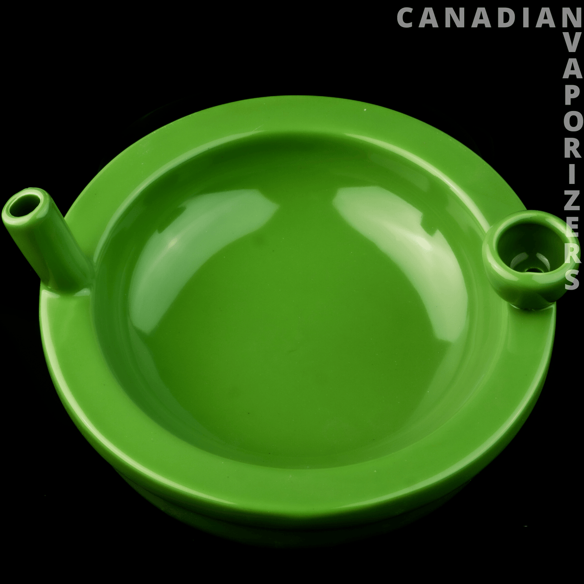 Ceramic Green Munchies Bowl - Bright green ceramic bowl with a deep center and two small side tubes, viewed from above.