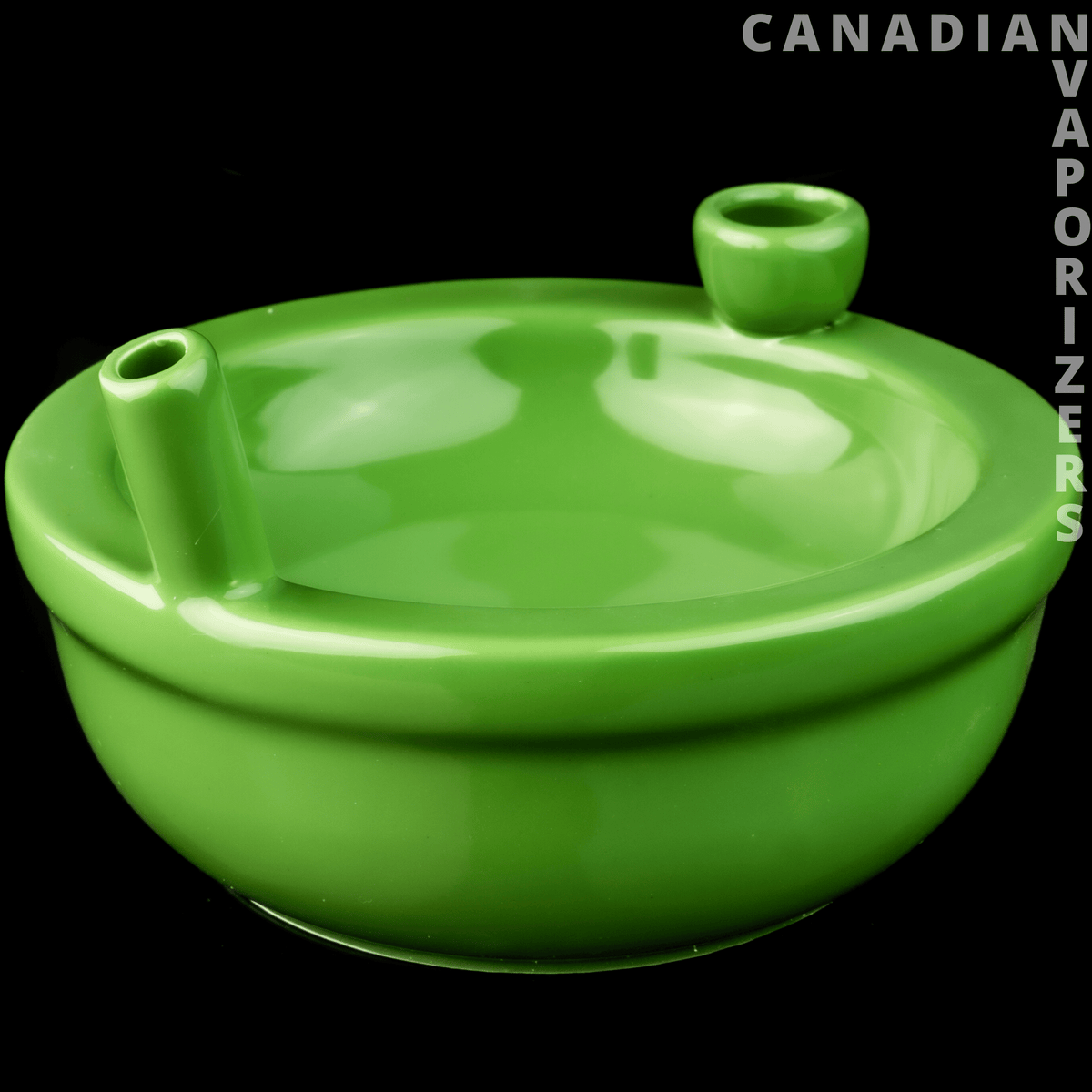 Ceramic Green Munchies Bowl - Glossy bright green ceramic munchies bowl with a fitted lid and two small openings.