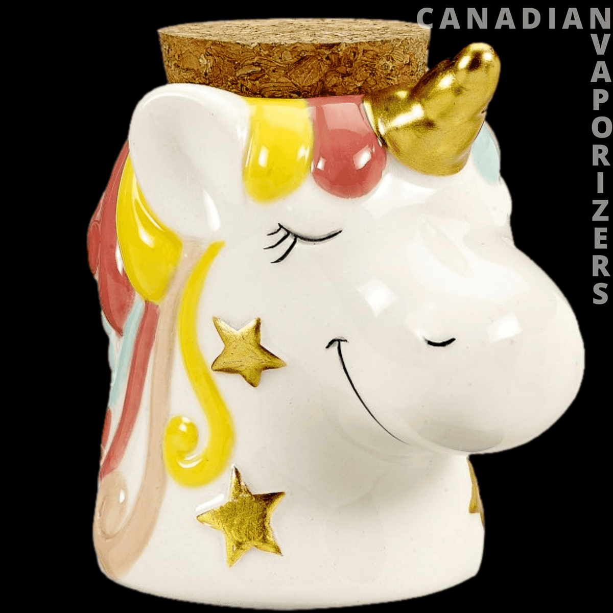 Ceramic Unicorn Jar - White ceramic unicorn jar with a cork lid, colorful mane, closed eyes, and gold star accents.