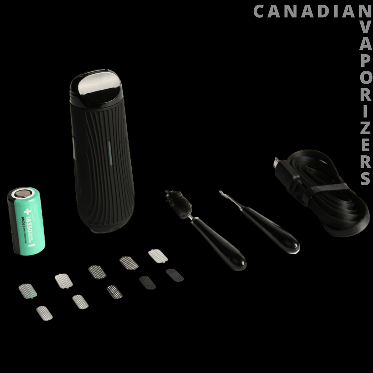CFC Lite - Black portable hair clipper with green display, USB cable, guide combs, and grooming attachments.