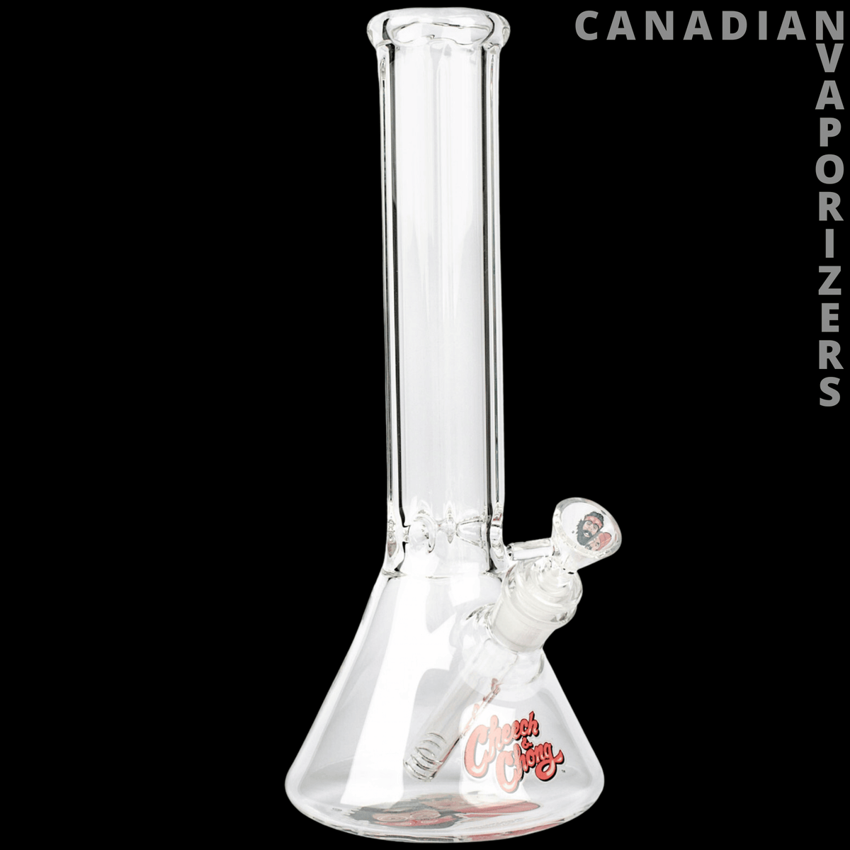 Cheech And Chong 12" Los Cochinos Beaker Tube - Clear glass beaker tube with a flared base, side bowl, and red Cheech and Chong logo.