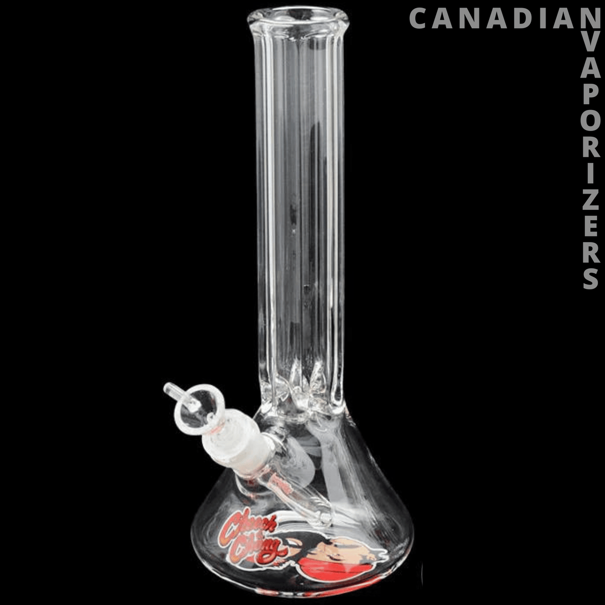 Cheech And Chong 12" Los Cochinos Beaker Tube - Clear glass beaker tube with a red Cheech and Chong graphic and angled side joint.
