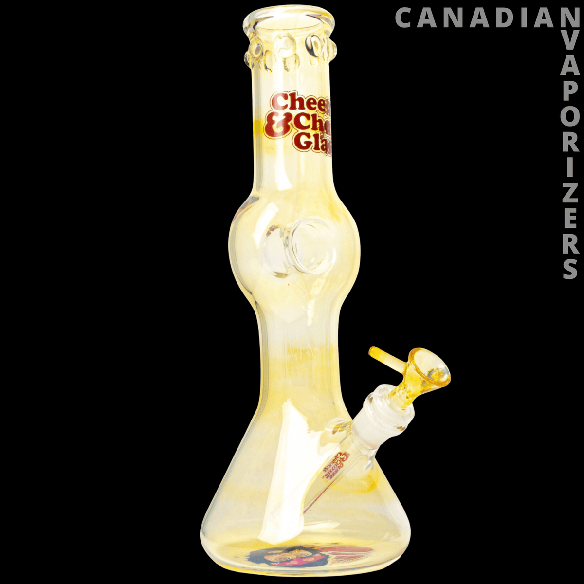 Cheech And Chong 12" Sister Mary Elephant Donut Tube - Clear glass donut tube with a rounded beaker base, bulbous chamber, angled side stem, and red-and-yellow Cheech & Chong.