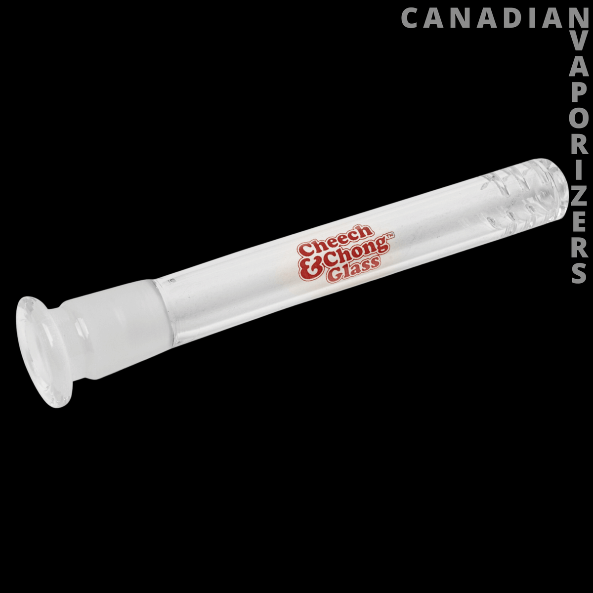 Cheech and Chong 14mm Flush Mount Diffuser Downstem - Clear glass flush-mount diffuser downstem with a wide flared joint and red Cheech & Chong Glass logo.