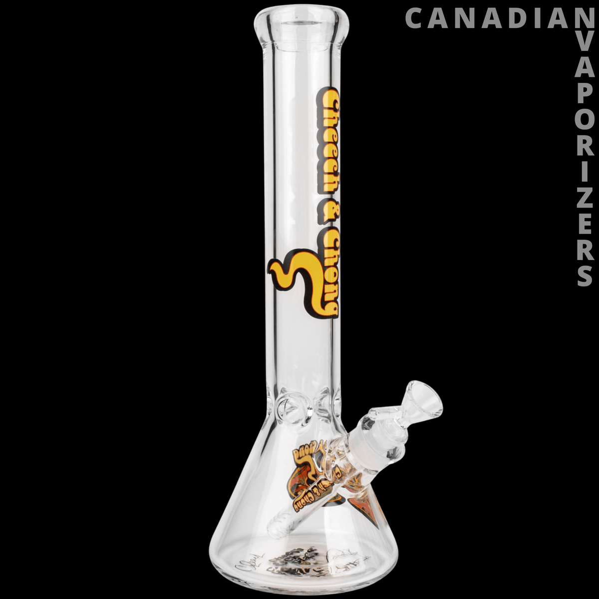 Cheech And Chong 15" 7mm Thick Commemorative 50th Anniversary Beaker Tube - Clear glass beaker tube with a flared base, angled side joint, and yellow Cheech & Chong anniversary logo.
