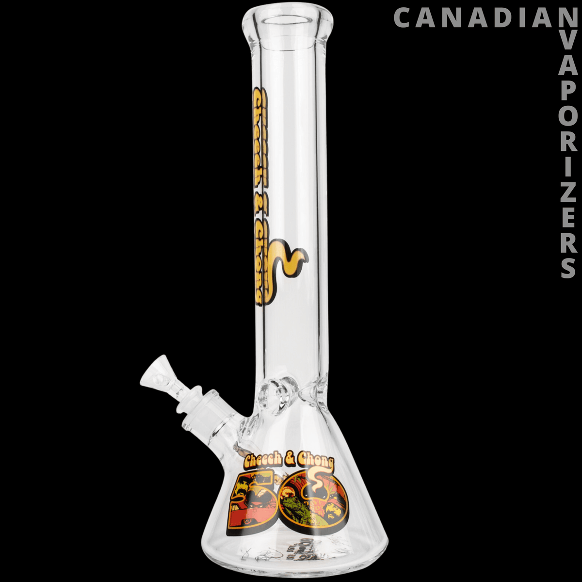 Cheech And Chong 15" 7mm Thick Commemorative 50th Anniversary Beaker Tube - Clear glass beaker tube with a wide base, angled bowl, yellow lettering, and colorful 50th anniversary graphics.