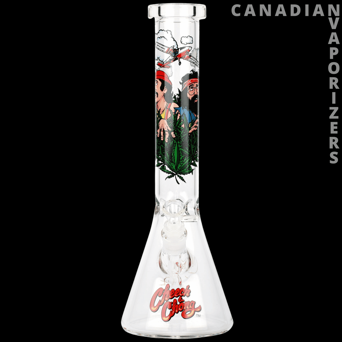 Cheech And Chong 15" Fields of Green Beaker Tube - 15-inch clear glass beaker tube with a white rim and colorful Cheech & Chong Fields of Green artwork.