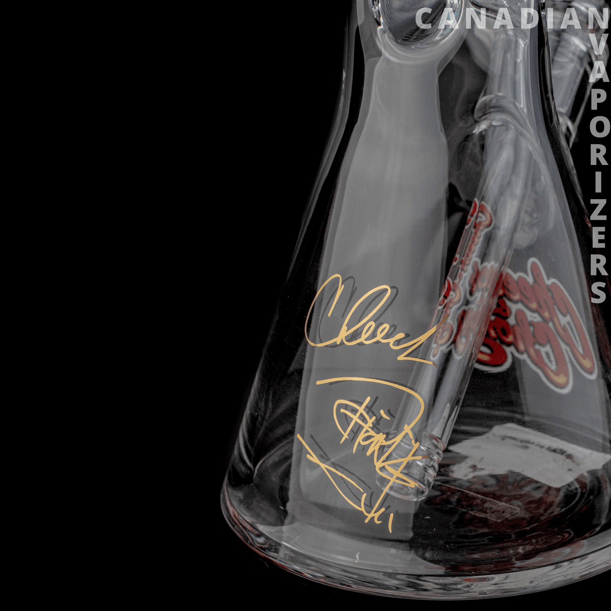 Cheech And Chong | 15" The Lab Beaker Tube - Clear glass Cheech & Chong beaker bong with gold signatures and red-and-gray graphics.