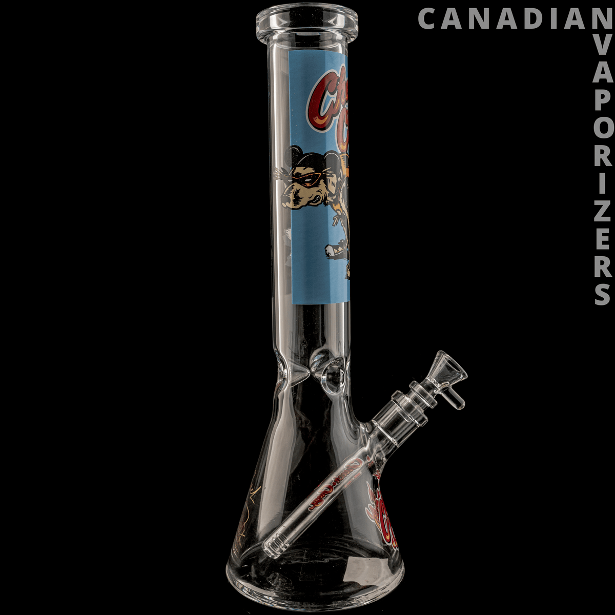 Cheech And Chong | 15" The Lab Beaker Tube - 15-inch Cheech & Chong glass beaker bong with a blue illustrated tube, clear flared base, and angled downstem.