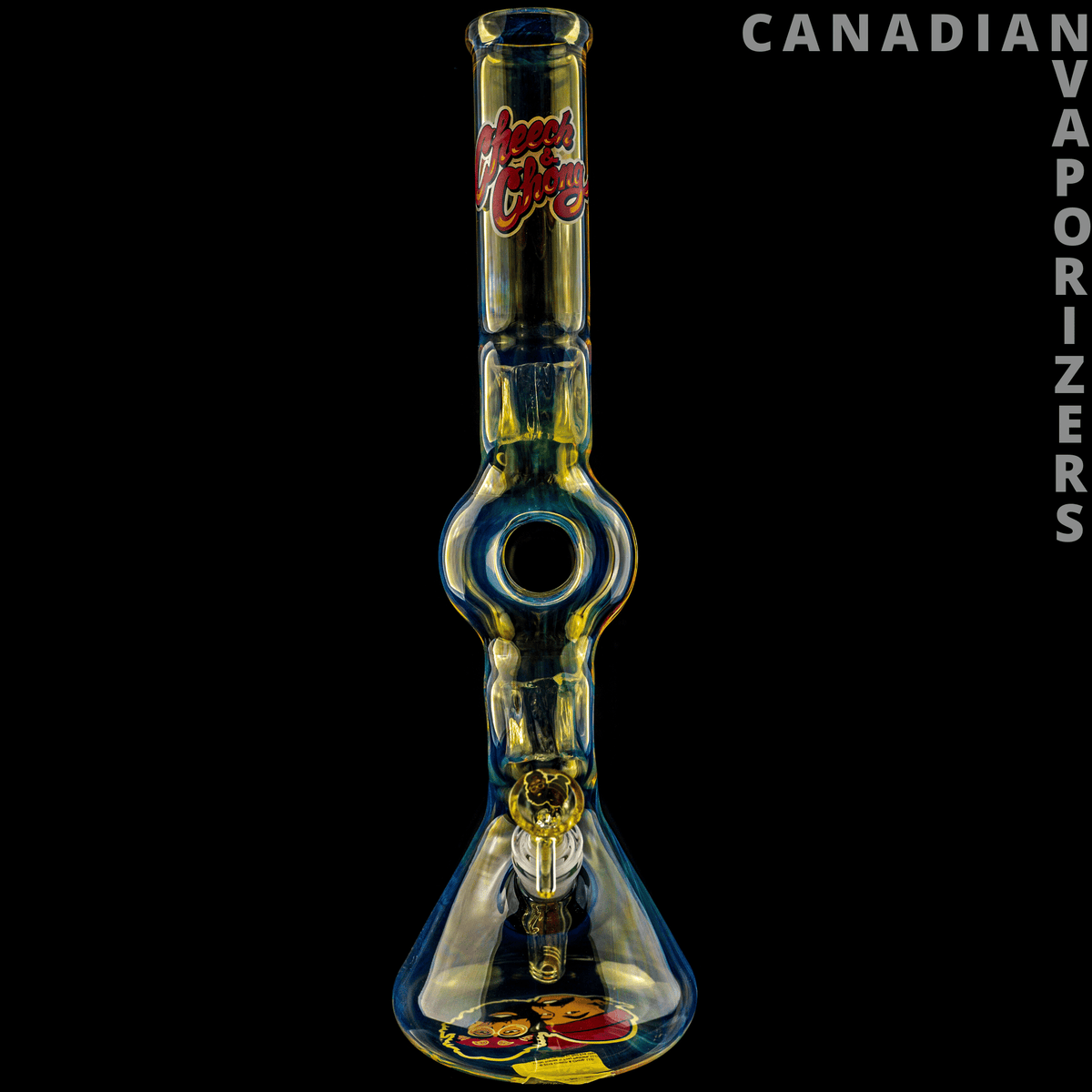 Cheech And Chong Glass | 16" Moe Money Tube with 14mm Joint - Tall clear glass bong with blue accents, a circular center chamber, flared base, and colorful Cheech and Chong decals.