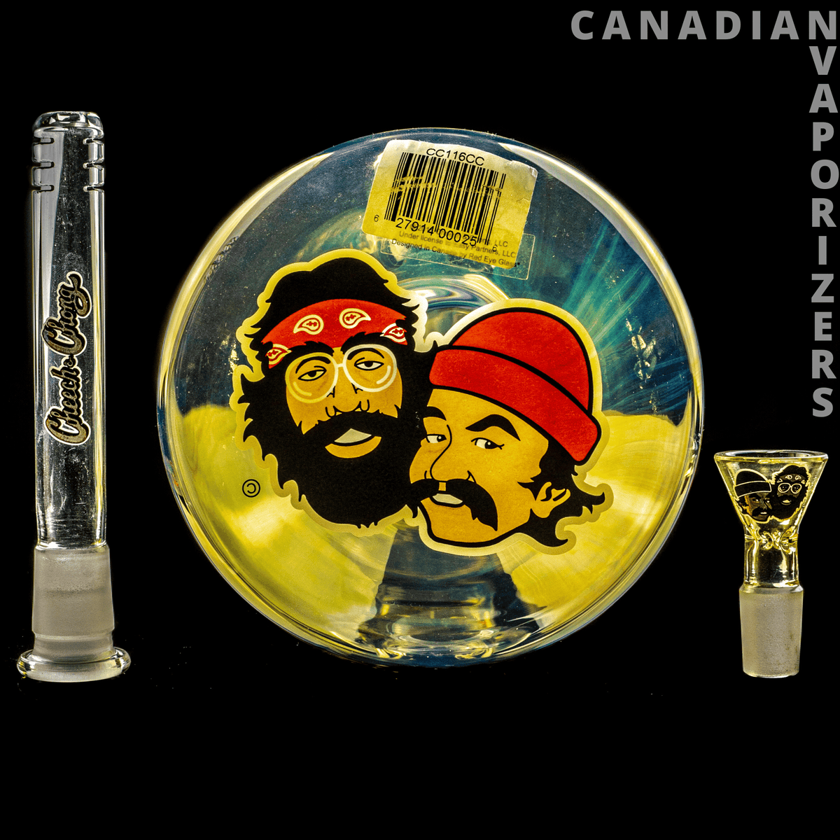 Cheech And Chong Glass | 16" Moe Money Tube with 14mm Joint - Cheech and Chong glass tube with printed cartoon faces, barcode, and gold-toned glass fittings on black background.