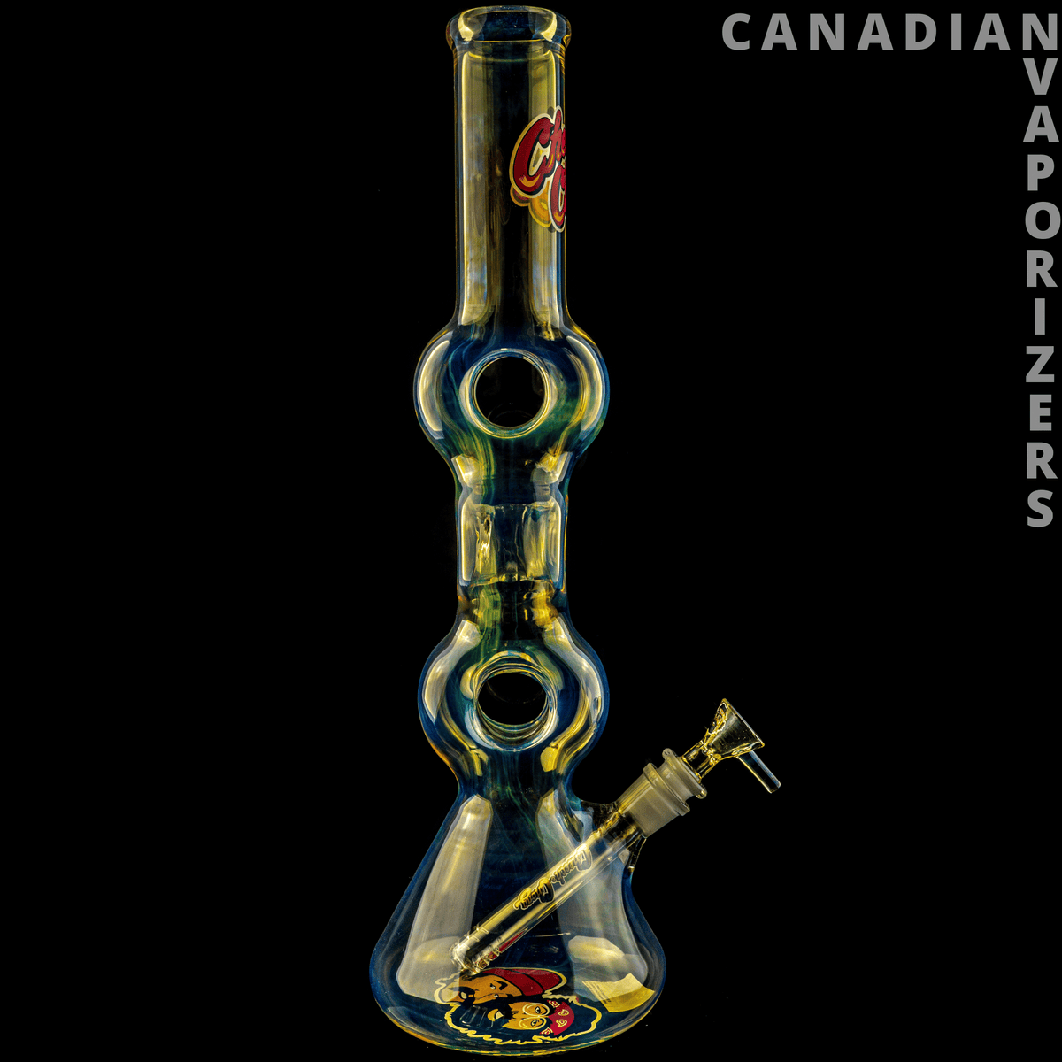 Cheech And Chong Glass | 16" Moe Money Tube with 14mm Joint - 16-inch Cheech and Chong glass water pipe with blue accents, two round chambers, and a 14mm angled joint.