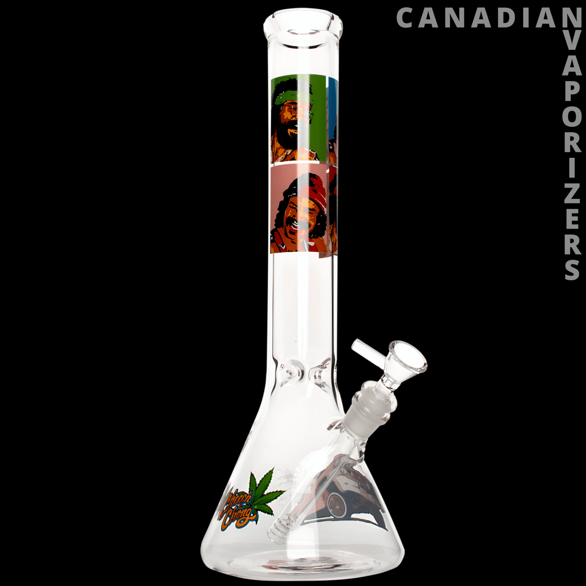 Cheech & Chong 15" Pop Art Beaker Base Water Pipe - Clear 15-inch beaker water pipe with colorful pop art graphics, angled glass bowl, and green leaf decal.