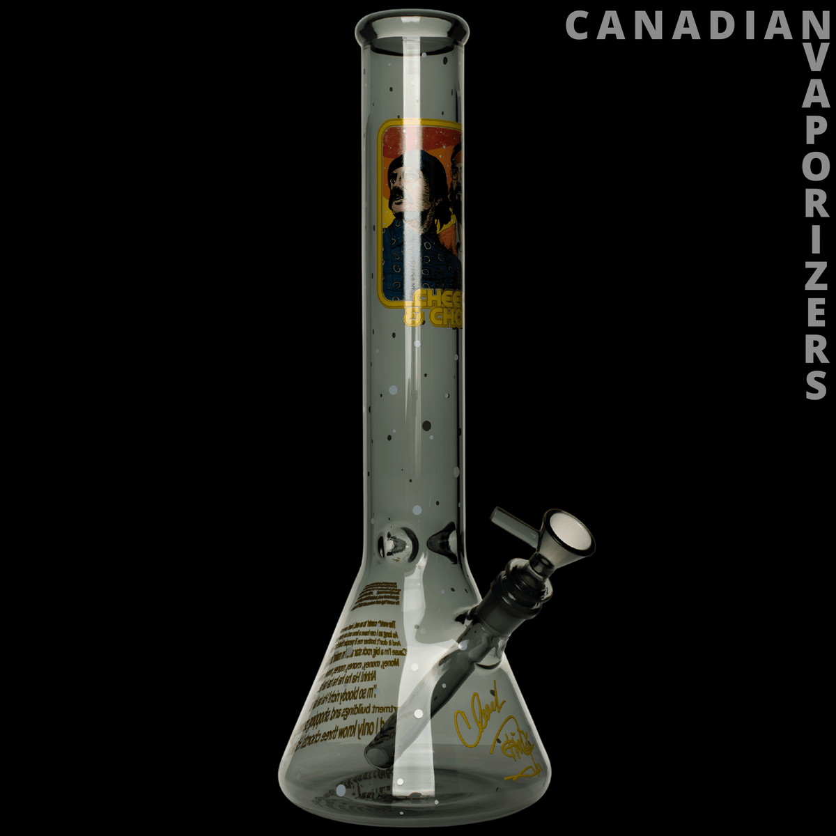 Cheech & Chong 15" Stoners in Space Beaker Base Water Pipe - 15-inch clear glass beaker water pipe with Cheech & Chong artwork, black accents, and angled bowl.