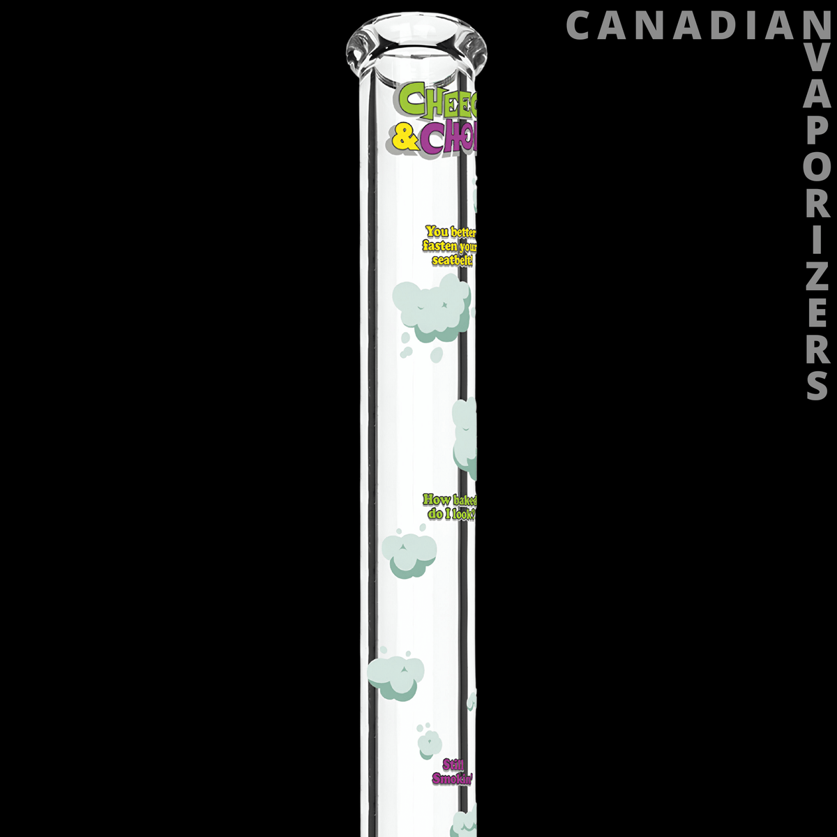 Cheech & Chong 48" 7mm Thick How High Are You Bell Base Water Pipe - Tall clear glass water pipe with a bell-shaped base and colorful Cheech & Chong graphics.