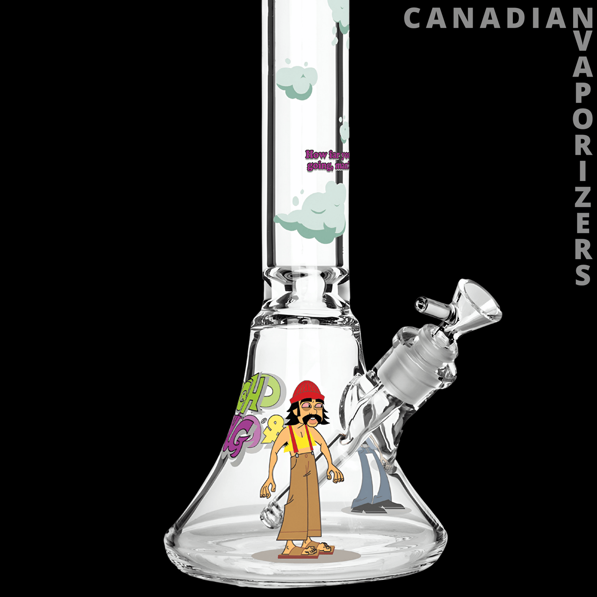 Cheech & Chong 48" 7mm Thick How High Are You Bell Base Water Pipe - Clear glass bell-base water pipe with colorful Cheech & Chong cartoon decals and angled bowl.