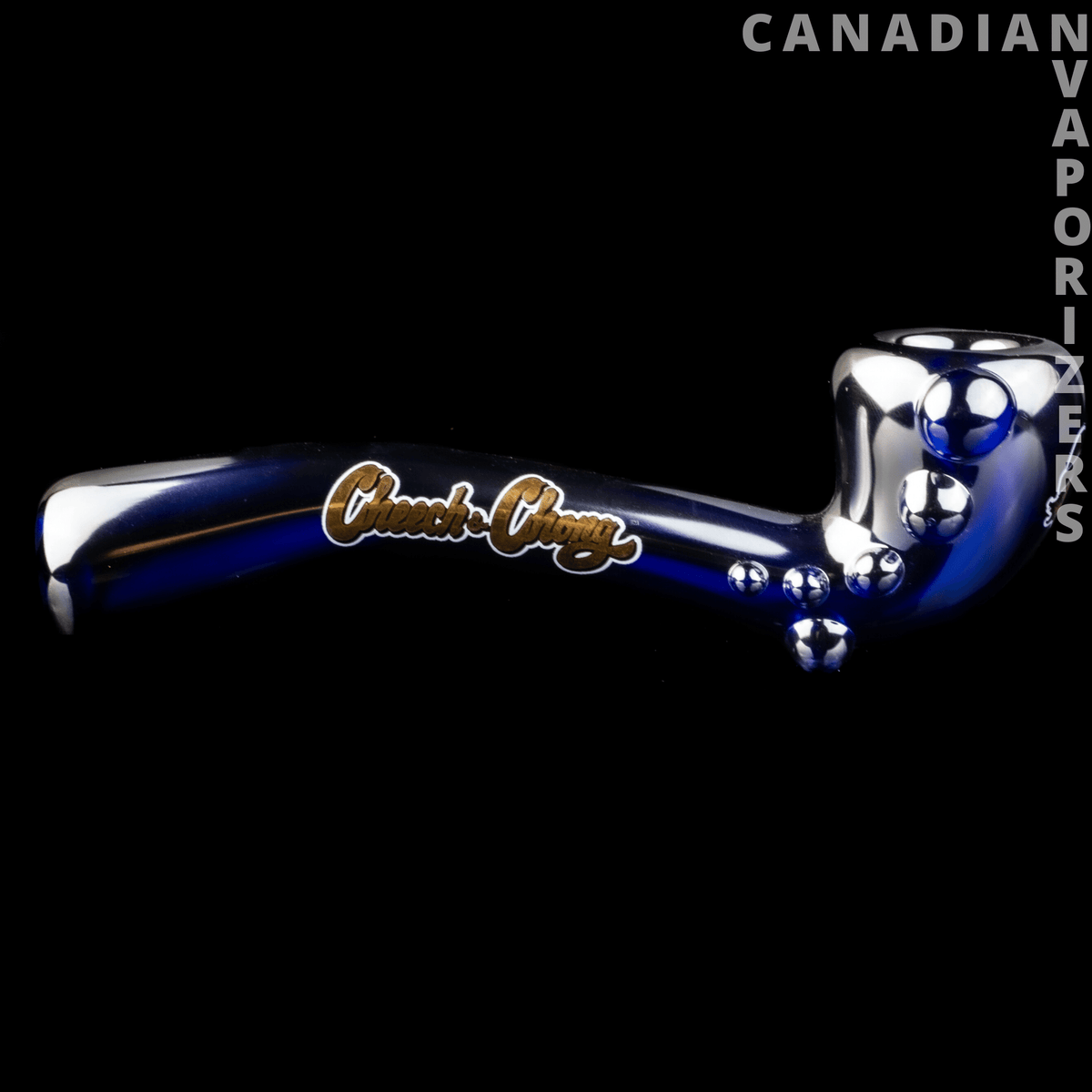 Cheech & Chong Glass Rainbow Bar & Grill Hand Pipe - Black-and-blue glass hand pipe with a curved stem, gold Cheech & Chong logo, and raised blue accents.