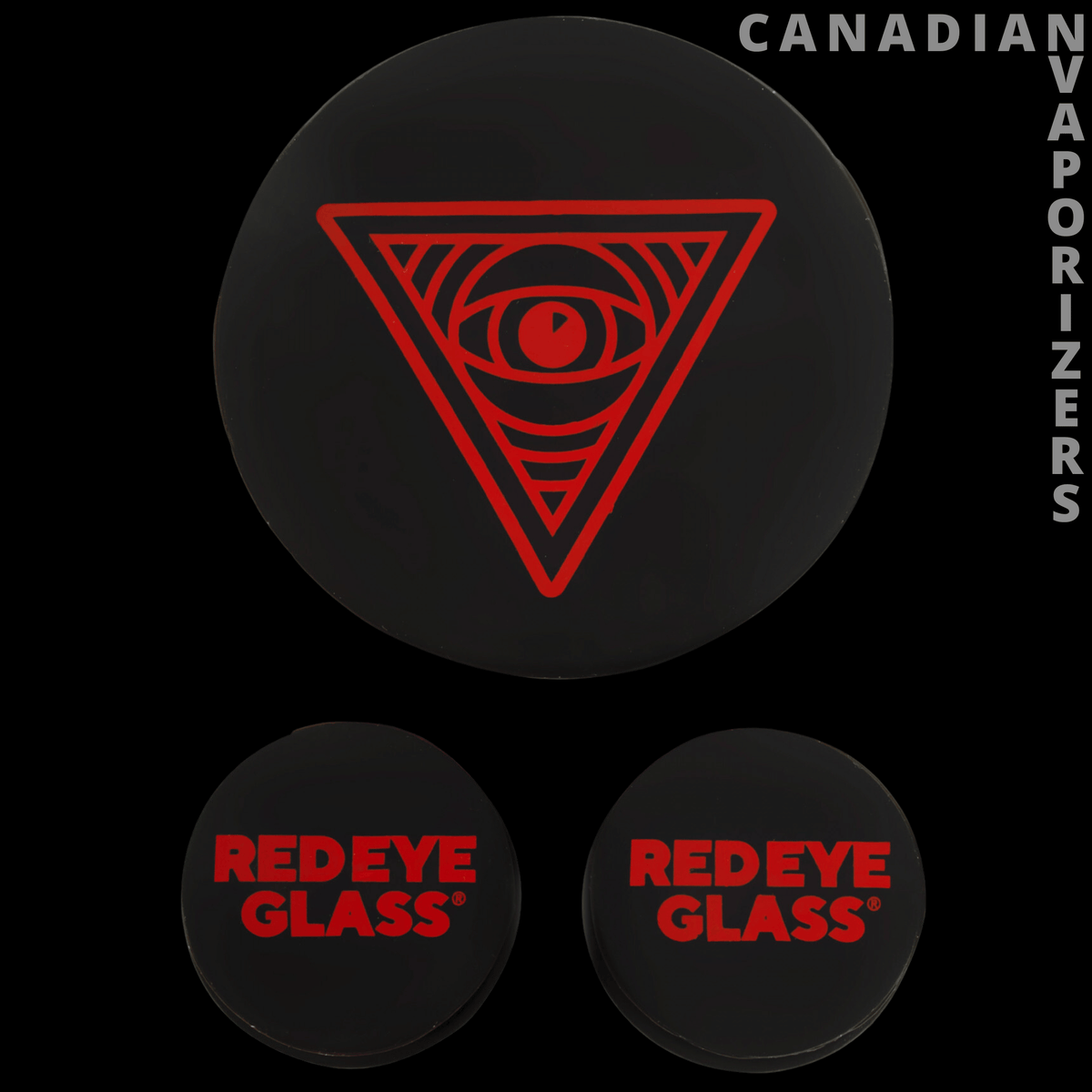 Cleaning Caps - Black round cleaning caps with red inverted triangle eye logo and “Redeye Glass” text.