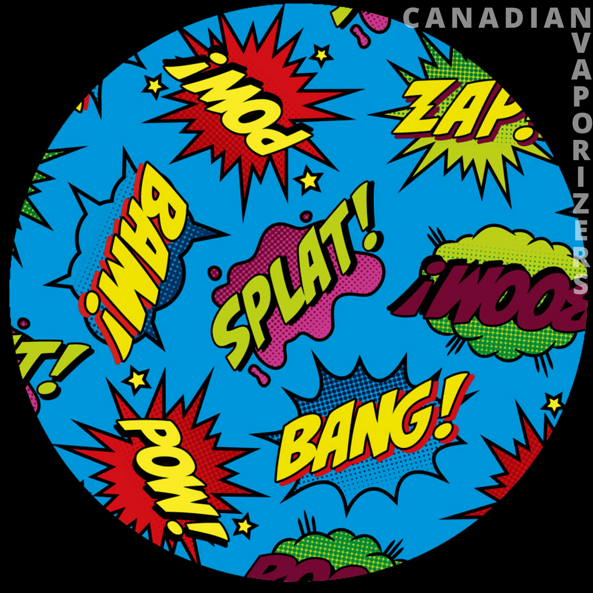 Comics Dab Mat - Round blue comic-print dab mat with colorful “Zap,” “Bang,” and “Pow” bursts.