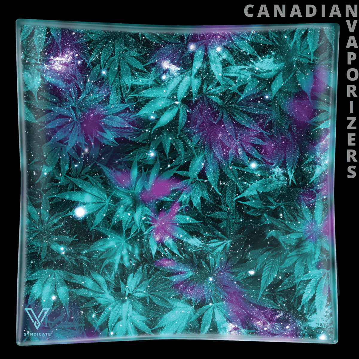 Cosmic Chronic Ashtray - Square glass ashtray with a vivid teal and purple cosmic cannabis leaf design.