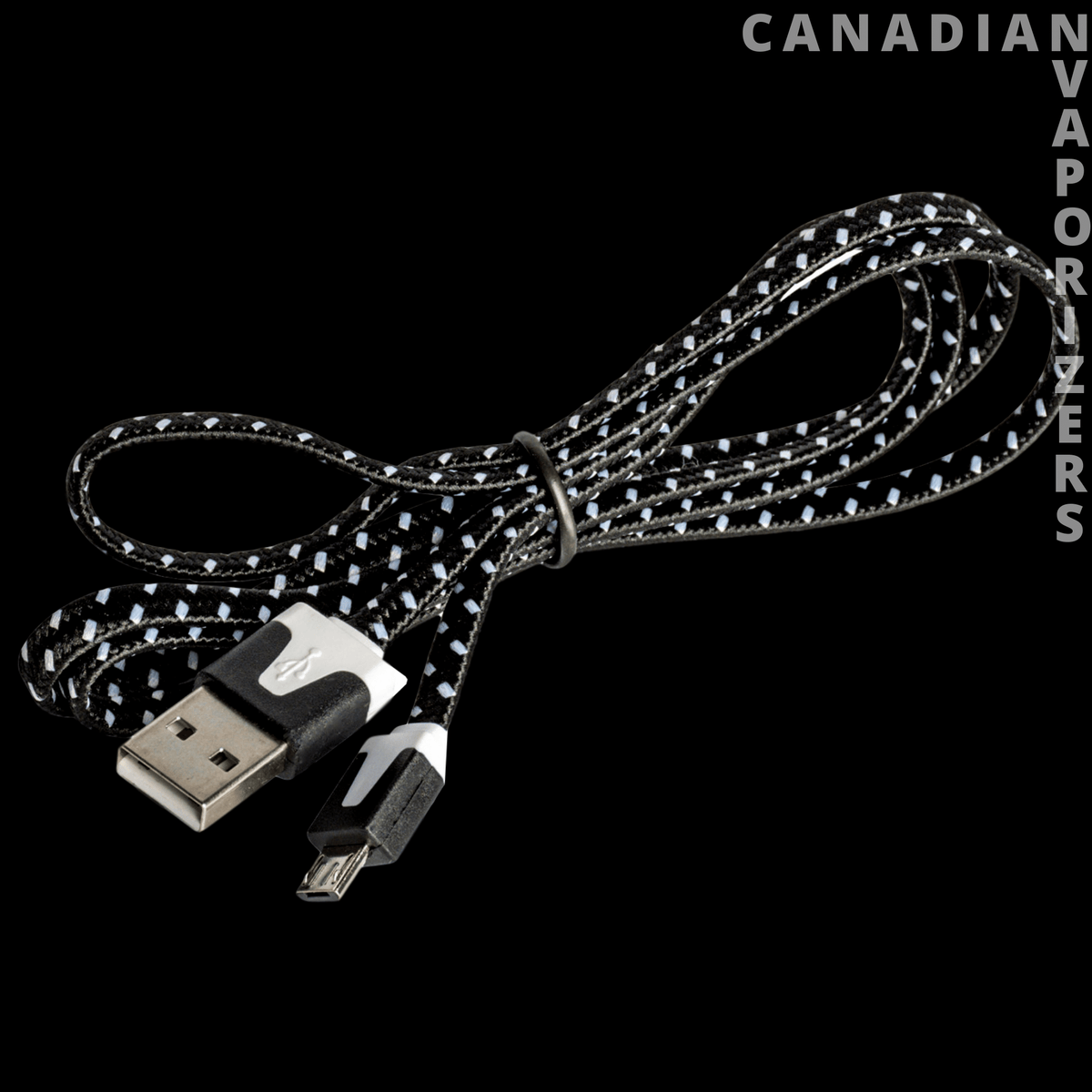 Da Vinci IQ 1 & 2 + Miqro Charging Cable - Black braided USB charging cable with white flecks, USB-A connector and compact device plug.