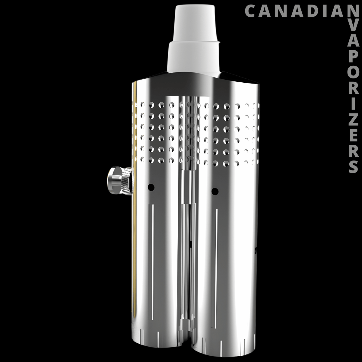 Dabatoke XL - Shiny stainless steel Dabatoke XL vaporizer with perforated side panels and white top cap.