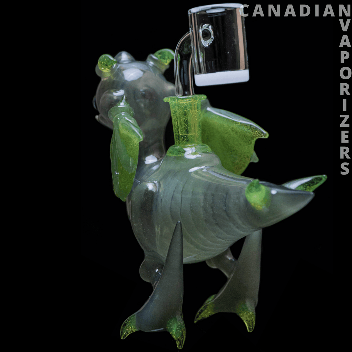 Dragon By Friday Glass - Gray glass dragon water pipe with bright green wings, horns, claws, and a clear upright bowl.