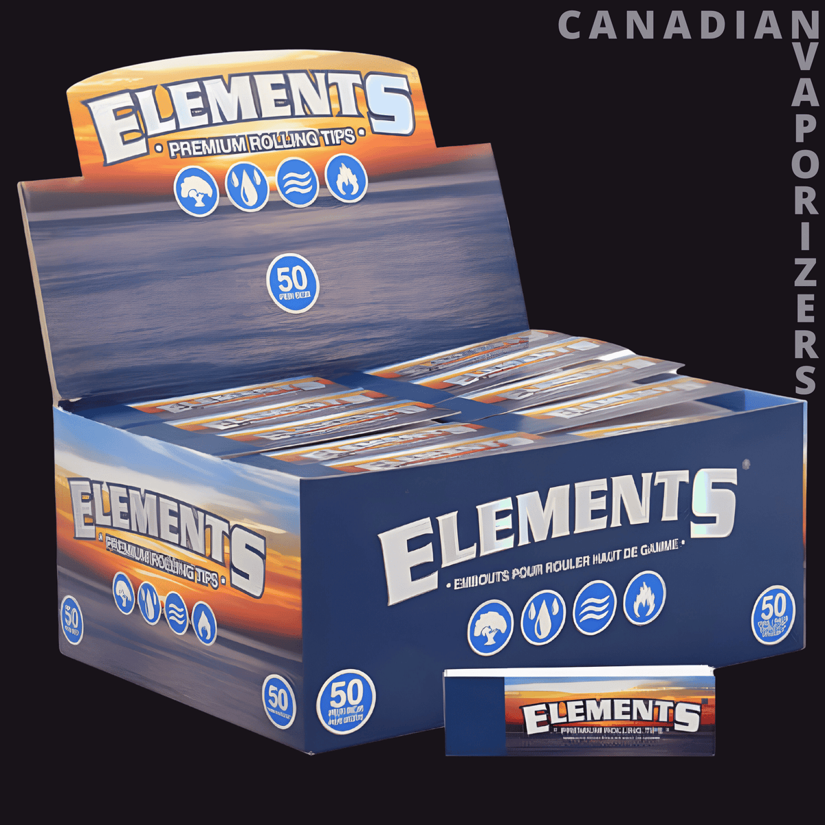 Elements Non-Perforated Rolling Tips (Display of 50) - Blue Elements non-perforated rolling tips in a branded countertop display box holding 50 packs.
