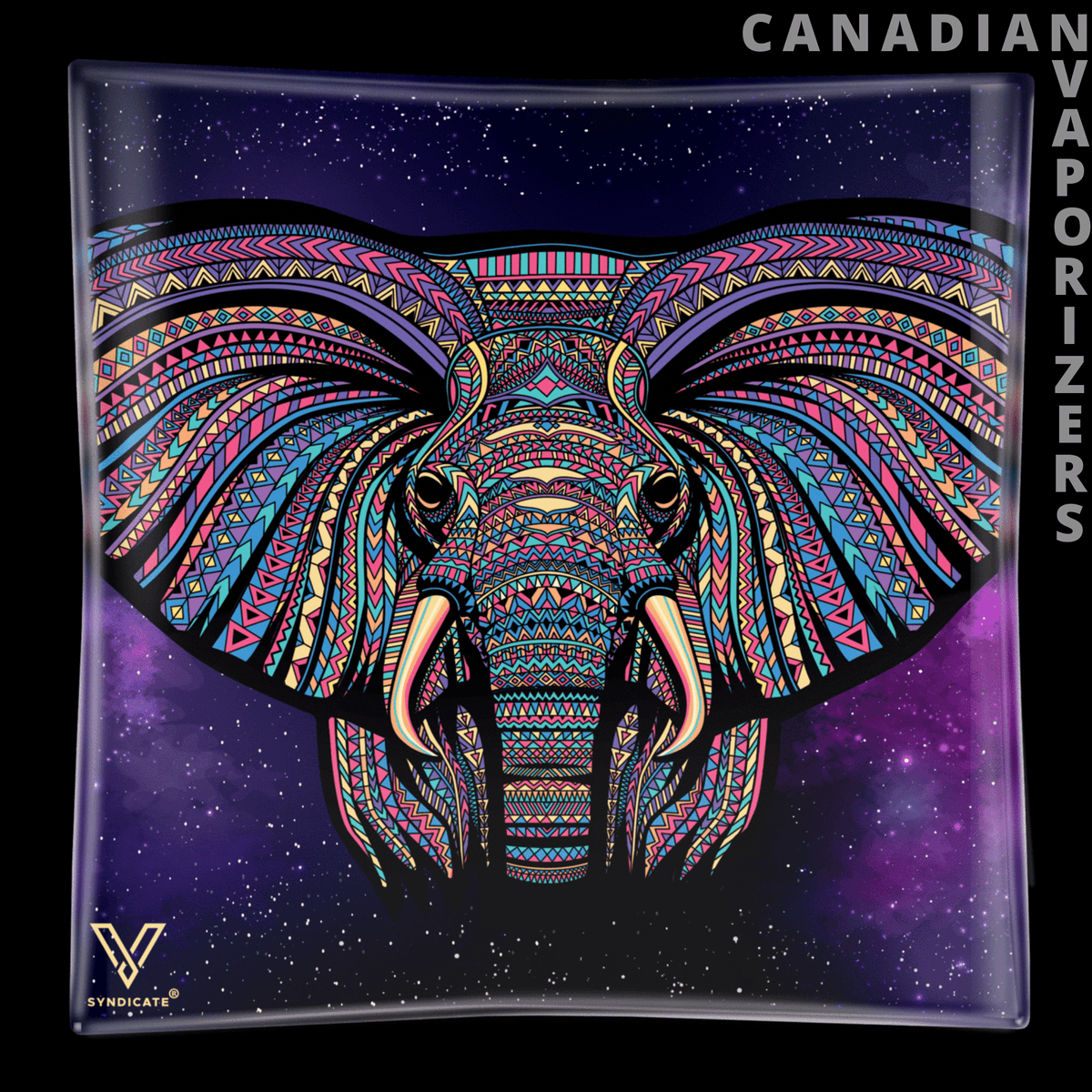Elephant Glass Ashtray - Square glass ashtray featuring a colorful, intricate elephant face on a purple galaxy background.
