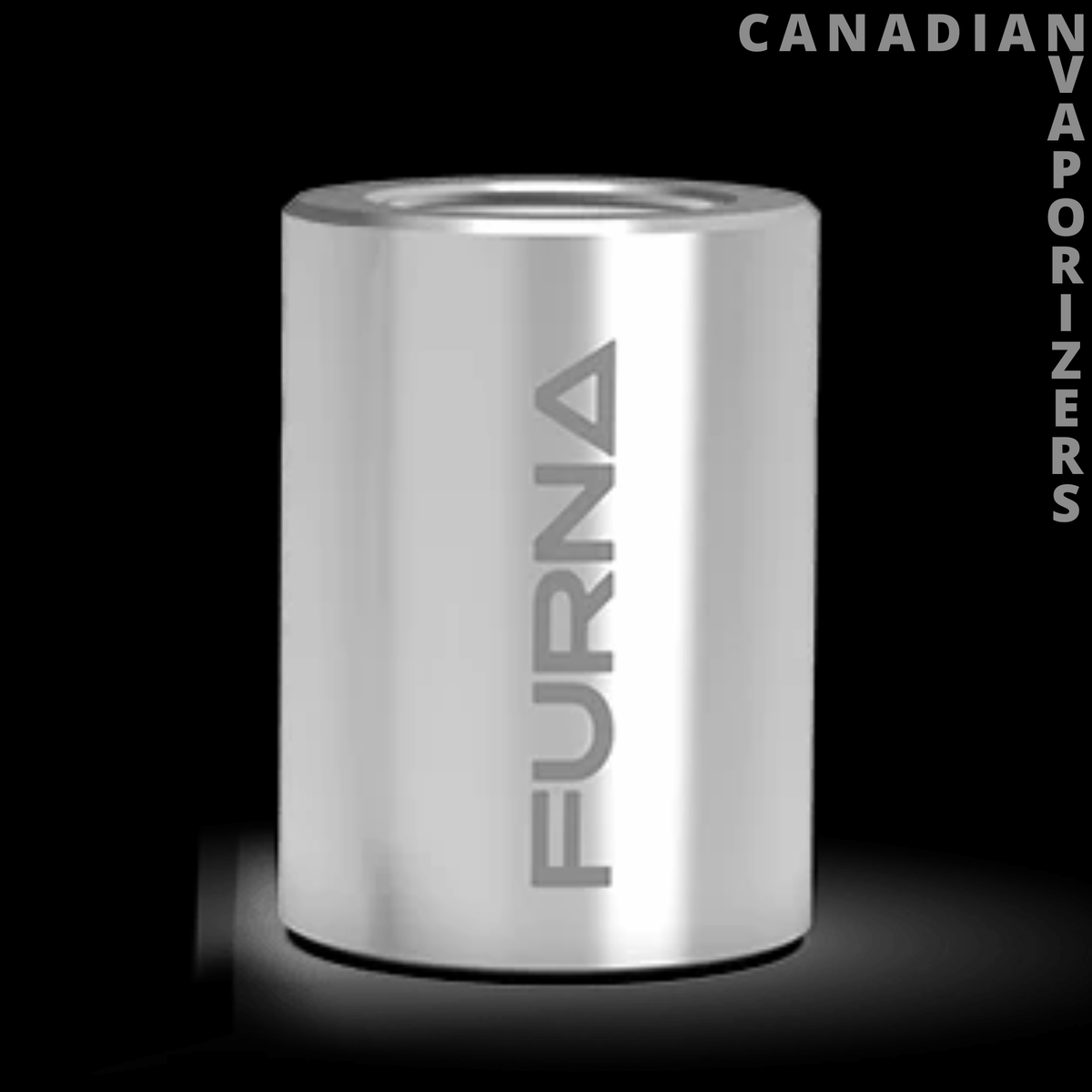 Furna Concentrate Heating Element - Silver cylindrical Furna concentrate heating element with a vertical gray logo and recessed top opening.