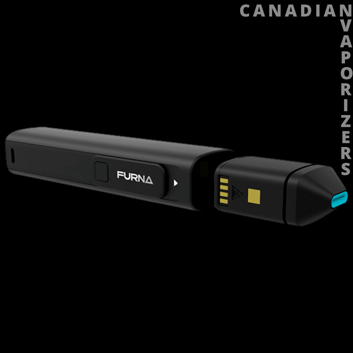 Furna Vaporizer - Black Furna vaporizer with a slim rectangular body, gold accents, and a turquoise mouthpiece.