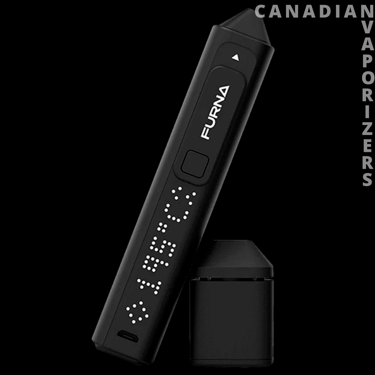 Furna Vaporizer - Black Furna vaporizer with a slim angled design, Braille-style controls, and a separate charging case.