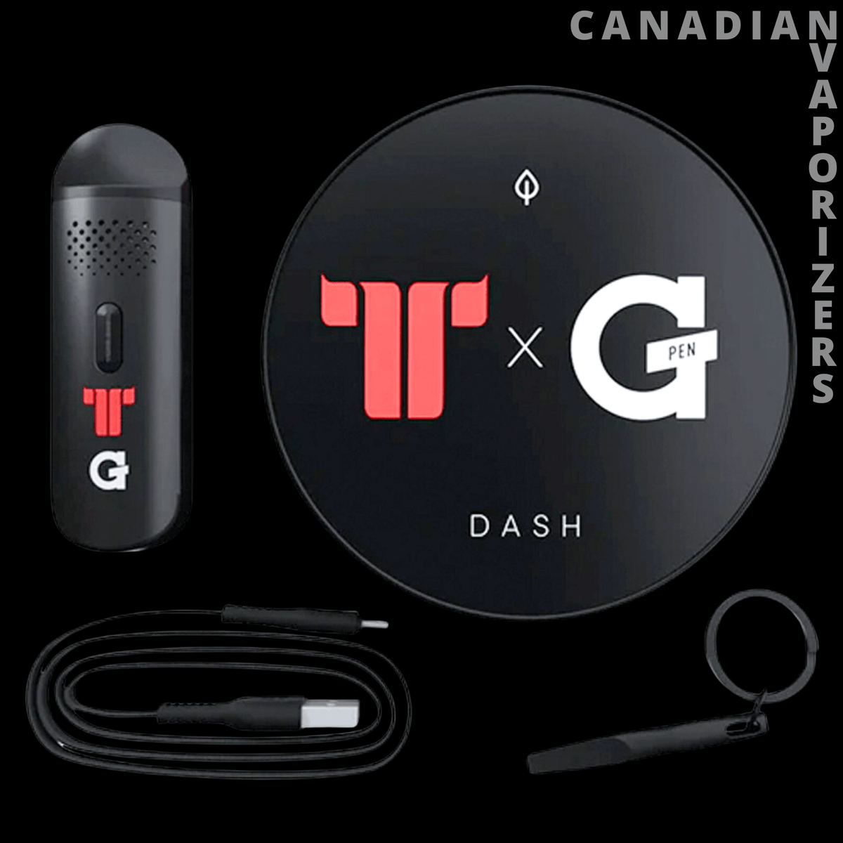 G Pen Dash Vaporizer - Black G Pen Dash vaporizer with perforated metal body, USB charging cable, and keychain tool.