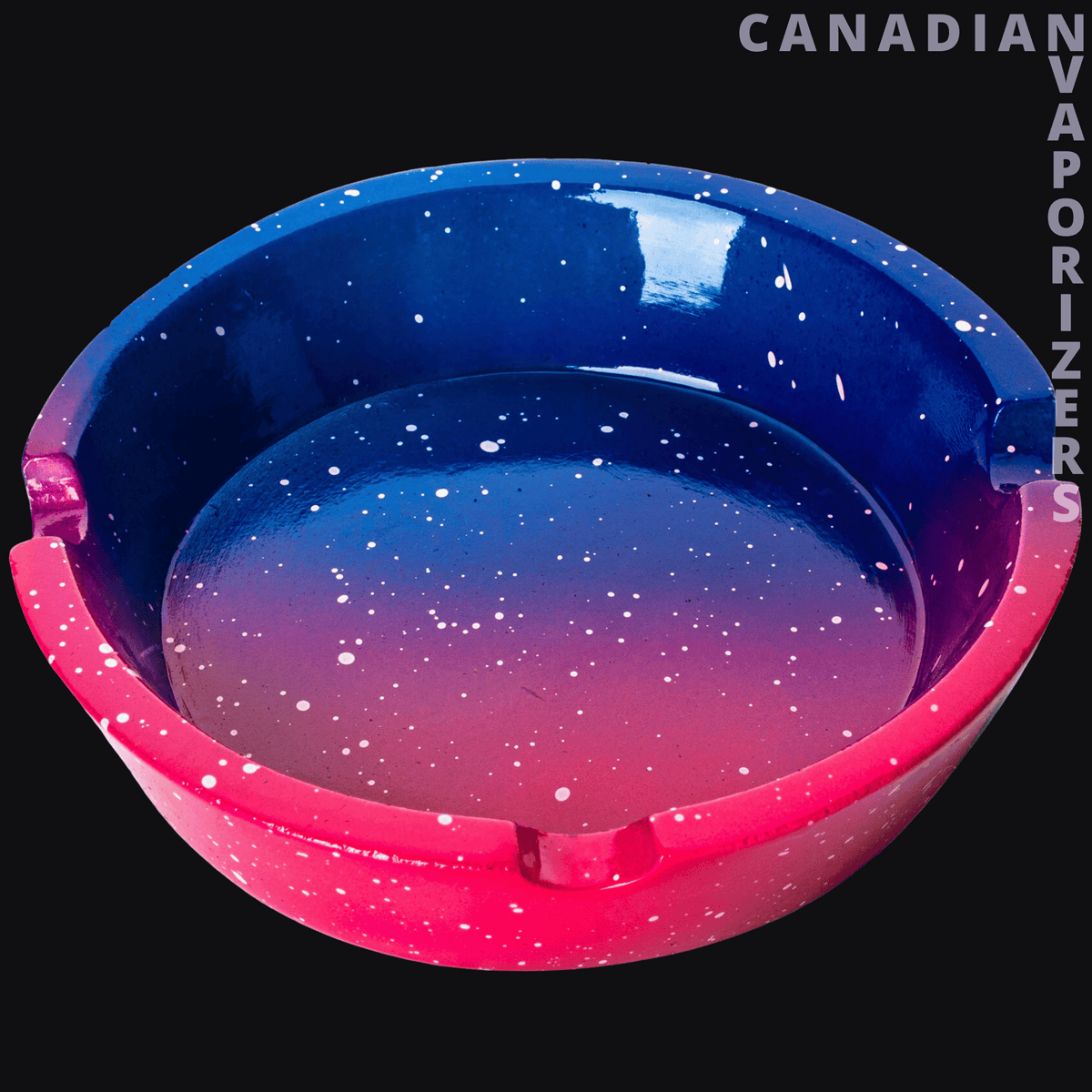 Galaxy Ashtray - Round galaxy ashtray with a vivid blue-to-pink star-speckled finish and three cigarette rests.
