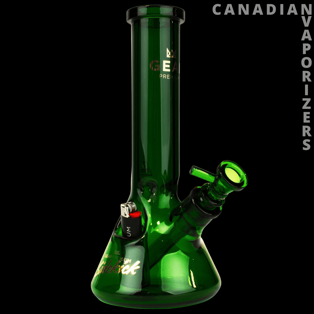 Gear Premium 12" 7mm Thick Sidekick Beaker Tube - Green glass beaker tube with a flared base, angled sidekick joint, and thick glass construction.