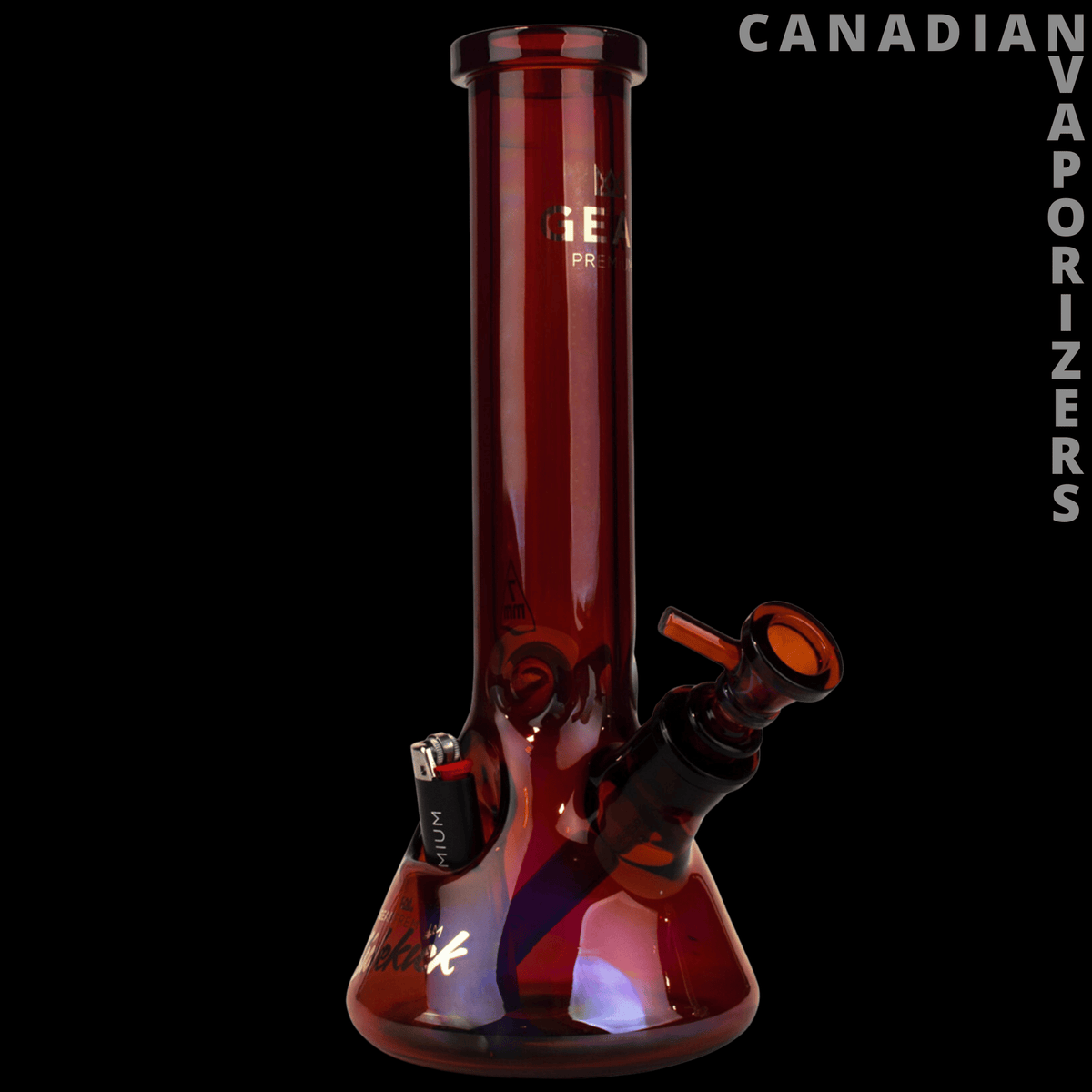 Gear Premium 12" 7mm Thick Sidekick Beaker Tube - Glossy dark red glass beaker tube with a wide base, angled sidekick bowl, and orange-rimmed mouthpiece.