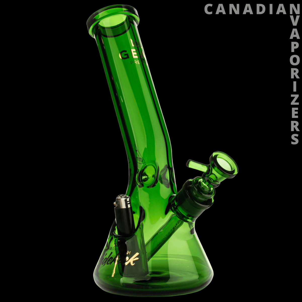Gear Premium 12" 7mm Thick Sidekick Laid Back Beaker Base Water Pipe - Green glass beaker water pipe with a slanted neck, angled sidekick joint, and black accents.