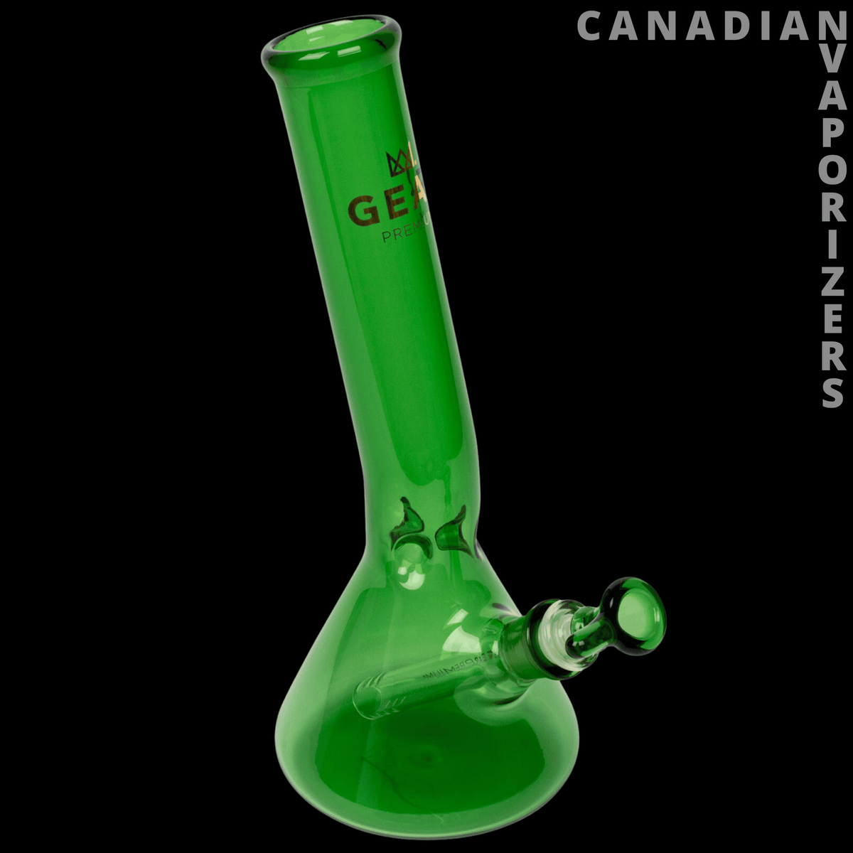 Gear Premium 12" Laid Back Tube - Bright green glass water pipe with a bent neck, flared base, and side carburetor.