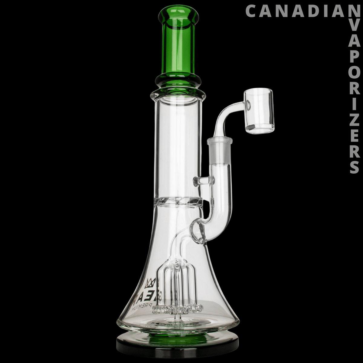 Gear Premium 12" Quatro Concentrate Rig - Clear glass 12-inch concentrate rig with a green mouthpiece, base, and four-stem percolator.