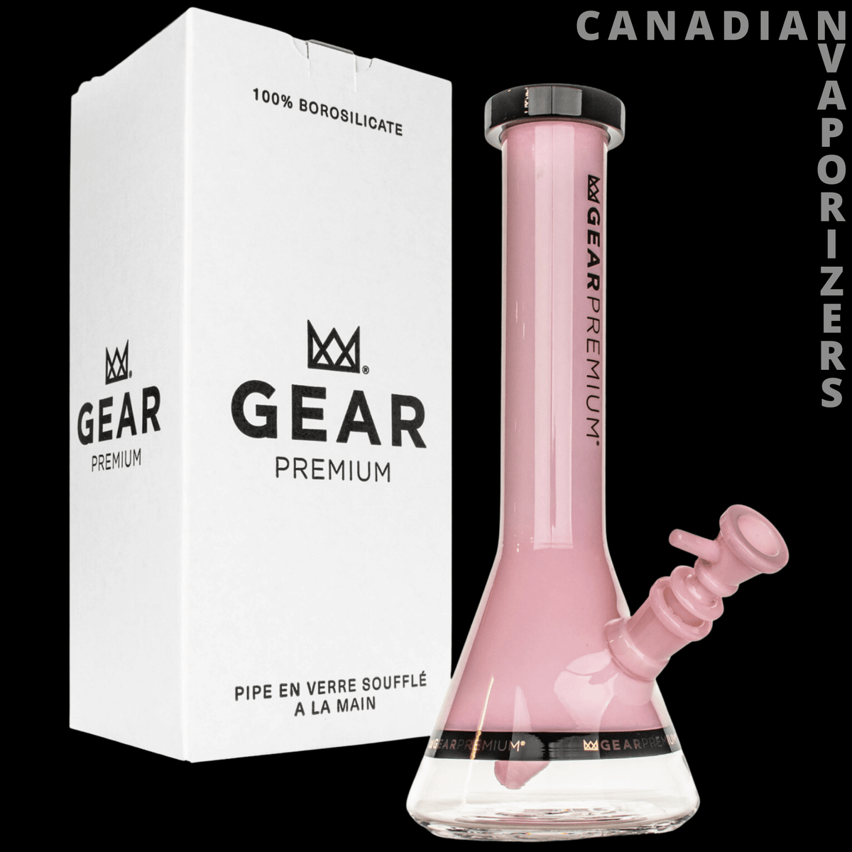 Gear Premium 12" Tuxedo Beaker Base Water Pipe (Limited Edition) - Pink 12-inch Gear Premium glass beaker water pipe with a flared base and angled side stem, beside its white box.